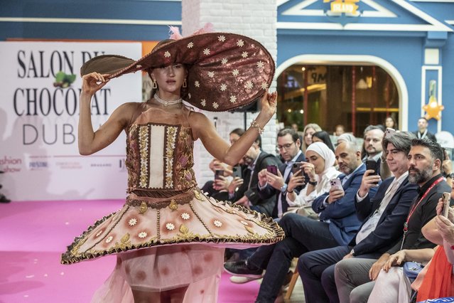 The second annual Salon du Chocolat exhibition and fashion show at LeGourmet in Galeries Lafayette, Dubai Mall on May 18, 2023. Dress “Marie Antoinette” created by Chef Ashwani Pathania Kumar, designed by Takwa Alfaisal. (Photo by Antonie Robertson/The National)