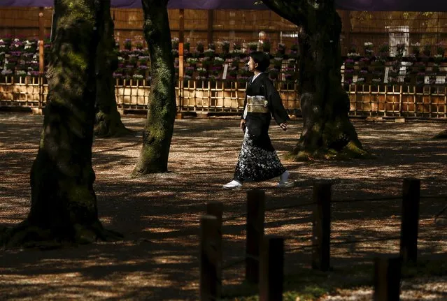 A woman wearing a kimono walks in the garden of the Yasukuni shrine during the visit of a group of Japanese lawmakers in Tokyo, Japan April 22, 2016. (Photo by Thomas Peter/Reuters)