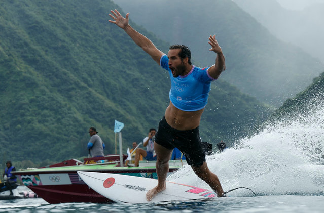 Morocco's Ramzi Boukhiam reacts after a wave in the 6th heat of the men's surfing round 3 on day three of the Olympic Games Paris 2024 on July 29, 2024 in Teahupo'o, French Polynesia. (Photo by Ben Thouard – Pool/Getty Images)