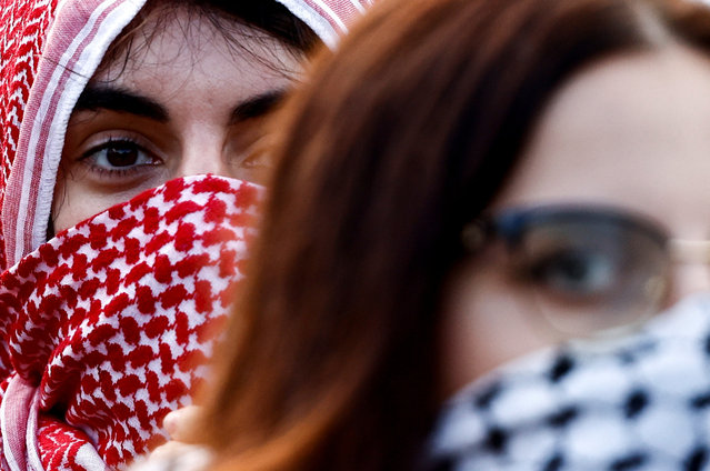 A person looks on during a protest to express support for Palestinians in Gaza, ahead of the anniversary of the October 7th attack, in Rome, Italy on October 5, 2024. (Photo by Yara Nardi/Reuters)