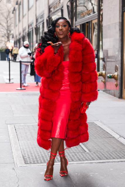 “Real Housewives of Potomac” Wendy Oswego is seen dressed in red while outside of NBC Studios in New York City on January 16, 2025. (Photo by Eric Kowalsky/The Mega Agency)