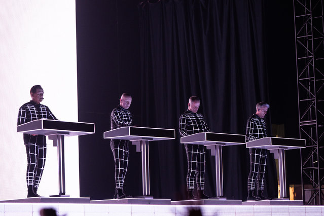 Musicians Ralf Hütter, Henning Schmitz, Falk Grieffenhagen, and Georg Bongartz of Kraftwerk perform onstage during weekend 2, day 3 of the Coachella Valley Music and Arts Festival April 20, 2025 in Indio, California. (Photo by Scott Dudelson/Getty Images for Coachella)
