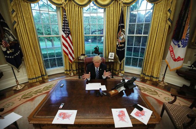 U.S. President Donald Trump speaks during an interview with Reuters in the Oval Office of the White House in Washington, April 27, 2017. (Photo by Carlos Barria/Reuters)
