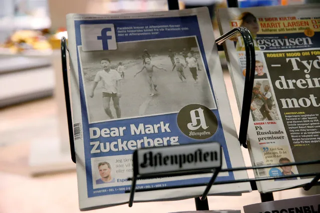 The front cover of Norway's largest newspaper by circulation, Aftenposten, is seen at a news stand in Oslo, Norway September 9, 2016. Editor-in-chief and CEO, Espen Egil Hansen, writes an open letter to founder and CEO of Facebook, Mark Zuckerberg, accusing him of threatening the freedom of speech and abusing power after deleting the iconic picture from the Vietnam war, taken by Nick Ut, of a young girl running from napalm bombs. (Photo by Cornelius Poppe/Reuters/NTB Scanpix)