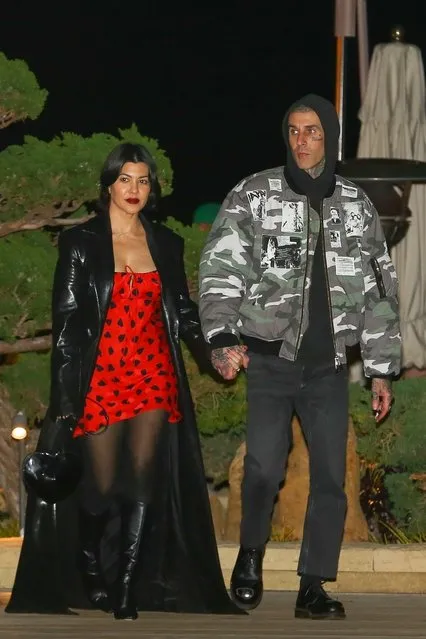 American media personality and socialite Kourtney Kardashian and American musician Travis Barker are one big happy family as they are seen leaving dinner with sons Reign and Landon Barker at Nobu in Malibu, CA. on February 10, 2023. (Photo by The Hollywood JR/Backgrid USA)
