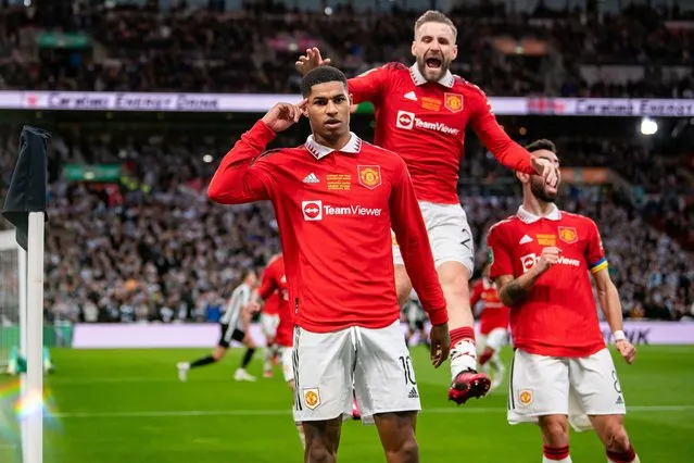 Marcus Rashford of Manchester United celebrates after scoring their sides second goal during the Carabao Cup Final match between Manchester United and Newcastle United at Wembley Stadium on February 26, 2023 in London, England. (Photo by Ash Donelon/Manchester United via Getty Images)