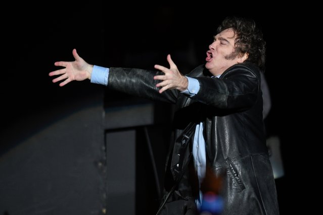 Argentine President Javier Milei sings at a promotional event for his new book in Buenos Aires, Argentina, Wednesday, May 22, 2024. (Photo by Gustavo Garello/AP Photo)