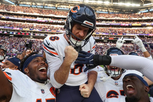 Chicago Bears place kicker Cairo Santos (8) celebrates after kicking the game-winning field goal against the Minnesota Vikings in an NFL football game, Sunday, November 16, 2025, in Minneapolis. (Photo by Matt Krohn/AP Photo)