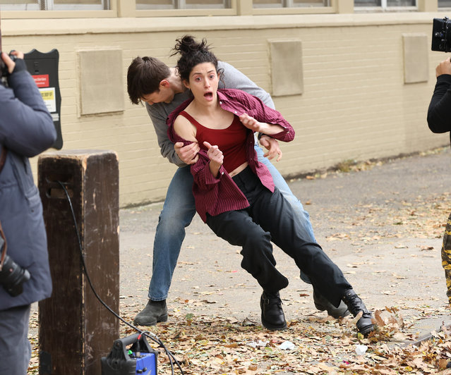 Actors Emmy Rossum and Jake Lacy are seen on set of the “Furious” TV Series on November 12, 2025 in New York City. (Photo by Jose Perez/Bauer-Griffin/GC Images)