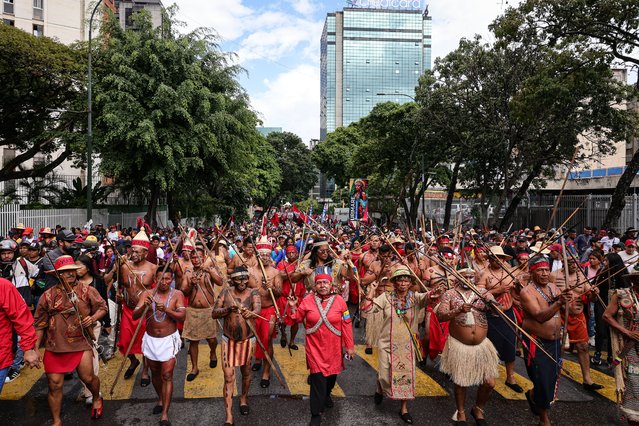 People from various ethnic groups participate in a rally to commemorate Indigenous Resistance Day on October 12, 2025 in Caracas, Venezuela. (Photo by Jesus Vargas/Getty Images)