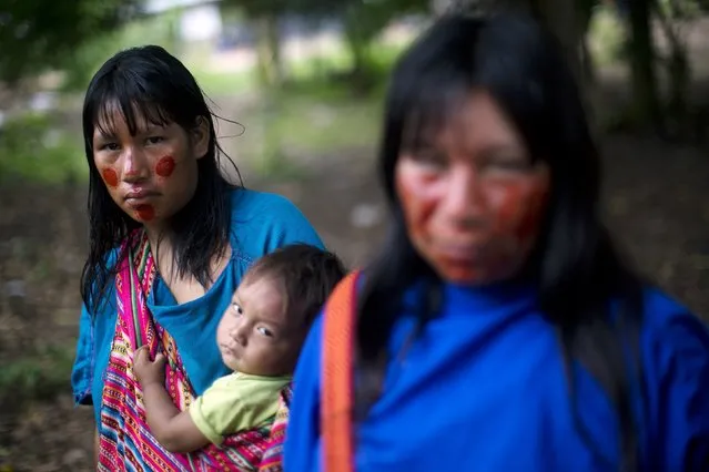 In this November 19, 2015 photo, Lucia Morales looks into the camera, as she stands with her mother and son for a meeting about a government food program for public schools in Pichiquia, in Peru's Junin region. Incursions and assaults by loggers, miners, colonists and leftist guerrillas have reduced the lands of the Ashaninka people in the Peruvian Amazon, leaving many of the 97,000 members of the group malnourished, despite efforts by the government and independent organizations to help. (Photo by Rodrigo Abd/AP Photo)