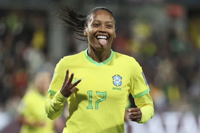 Brazil's Ary Borges celebrates her hat trick goal during the Women's World Cup Group F soccer match between Brazil and Panama in Adelaide, Australia, Monday, July 24, 2023. (Photo by James Elsby/AP Photo)