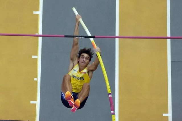 Armand Duplantis, of Sweden, competes in the Men's pole vault final during the World Athletics Championships in Budapest, Hungary, Saturday, August 26, 2023. (Photo by David J. Phillip/AP Photo)