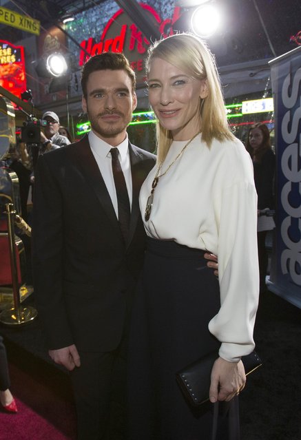 Cast members Richard Madden and Cate Blanchett pose at the premiere of "Cinderella" at El Capitan theatre in Hollywood, California March 1, 2015. The movie opens in the U.S. on March 13. REUTERS/Mario Anzuoni  (UNITED STATES - Tags: ENTERTAINMENT)