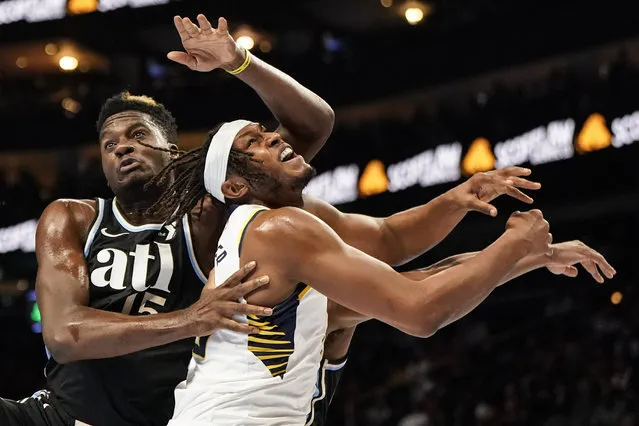 Atlanta Hawks center Clint Capela (15) and Indiana Pacers center Myles Turner (33) collide under the basket during the first half of an In-Season Tournament NBA basketball game, Tuesday, November 21, 2023, in Atlanta. (Photo by Mike Stewart/AP Photo)
