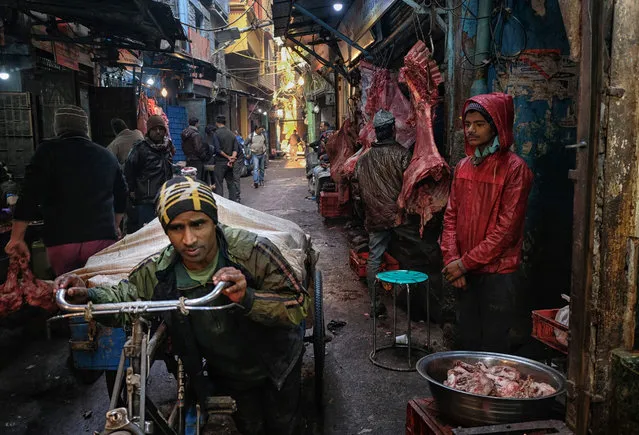 An Indian labourer pulls buffalo meat on his cycle-rickshaw as butchers wait for customers at a meat market in the old quarters of New Delhi on January 16, 2019. (Photo by Noemi Cassanelli/AFP Photo)