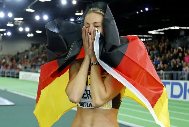 Bronze medalist Kristin Gierisch of Germany celebrates after the women's triple jump at the IAAF World Indoor Athletics Championships in Portland, Oregon March 19, 2016. (Photo by Mike Blake/Reuters)