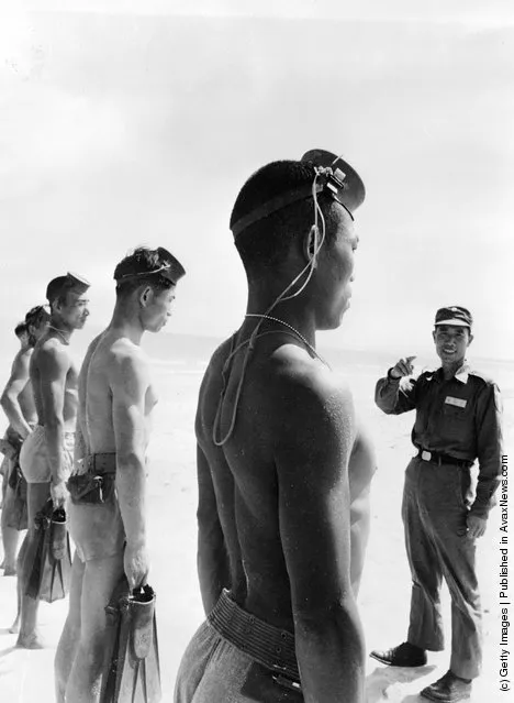 1961: A line of Nationalist Chinese Frogmen, who form the 'Silent Service' of the Quemoy Defence Command, wearing army shorts and holding pairs of fins are briefed by one of their commanding officers on a Quemoy beach