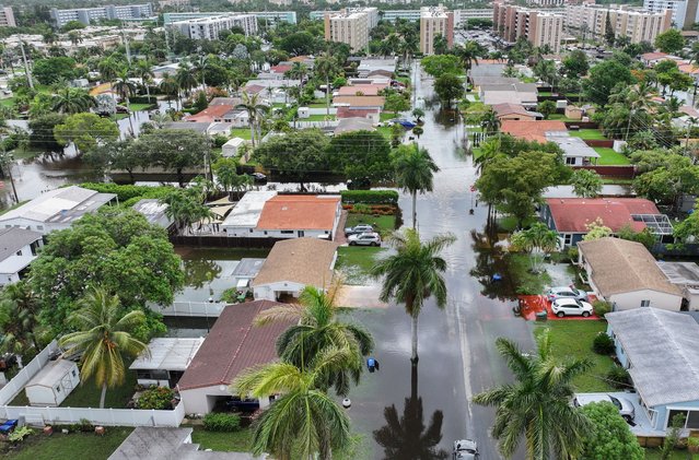 In an aerial view, flood waters inundate a neighborhood on June 13, 2024, in Hallandale Beach, Florida. As tropical moisture passes through the area, areas have become flooded due to the heavy rain. (Photo by Joe Raedle/Getty Images)