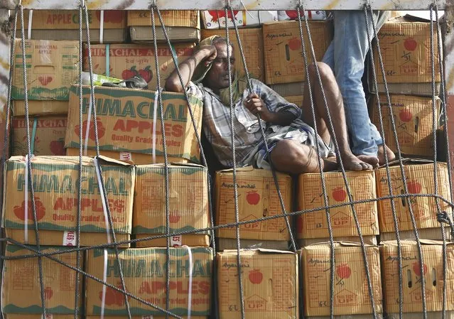 A labourer takes a nap on boxes filled with apples loaded in a supply vehicle at a marketplace on a hot day in New Delhi, India, August 18, 2015. (Photo by Anindito Mukherjee/Reuters)
