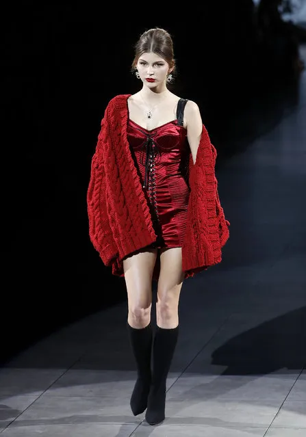 A model wears a creation as part of the Dolce & Gabbana women's Fall Winter 2020-21 collection, unveiled during the Fashion Week in Milan, Italy, Sunday, February 23, 2020. (Photo by Antonio Calanni/AP Photo)