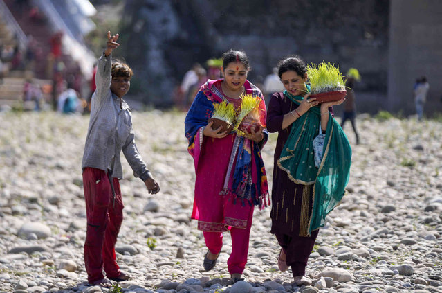 A boy waiting to collect coins offered by devotees gestures as Hindu devotees carrying barley saplings arrive to perform rituals at the River Tawi during Navratri, or nine nights festival, in Jammu, India, Monday, October 23, 2023. (Photo by Channi Anand/AP Photo)