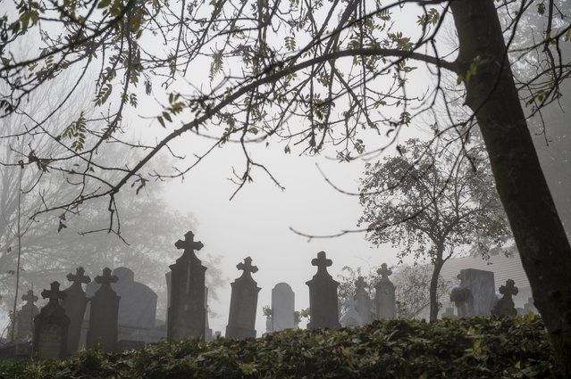 Gravestones stand in the autumn fog in the cemetery in Piliny, Hungary, 31 October 2024, on the eve of All Saints' Day. (Photo by Peter Komka/EPA/EFE)