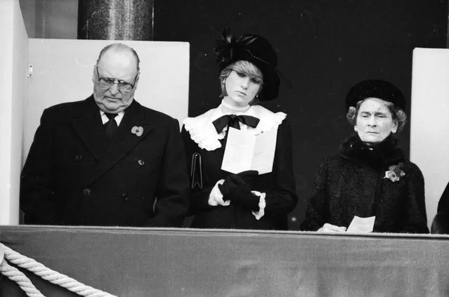 King Olav of Norway (1903–1991), Princess Diana (1961–1997), and Alice, Duchess of Gloucester (1901–2004)  during the Remembrance Sunday service at the Cenotaph, 8th November 1981. (Photo by Jayne Fincher)