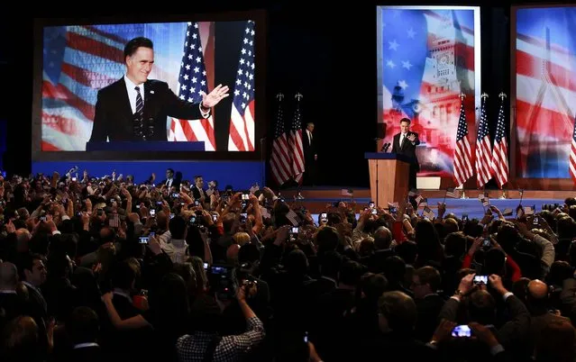 Mitt Romney gives his concession speech at his election event at the Boston Convention and Exhibition Center on November 7, 2012. (Photo by Josh Haner/The New York Times)