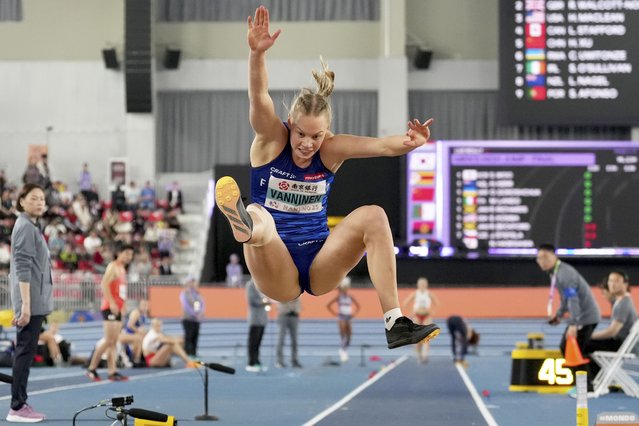 Saga Vanninen, of Finland, competes in the pentathlon long jump at the World Athletics Indoor Championships in Nanjing, China, Friday, March 21, 2025. (Photo by Vincent Thian/AP Photo)