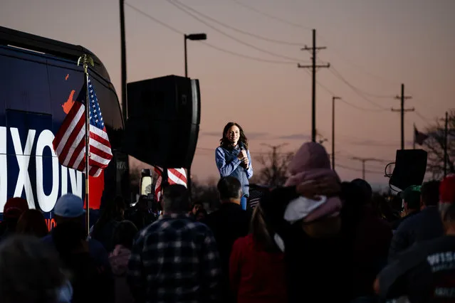Republican Governor candidate Tudor Dixon speaks at a rally in a Sterling Heights strip mall parking lot in Sterling Heights, MI. on November 6, 2022. (Photo by Nick Hagen for The Washington Post)