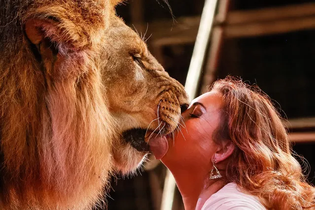 An artist performs with a lion during the presentation of the new international show “Extreme arena” at the Ukrainian National Circus in Kiev, Ukraine, 15 September 2016. The show will be staged from 15 September to 11 December 2016. (Photo by Roman Pilipey/EPA)