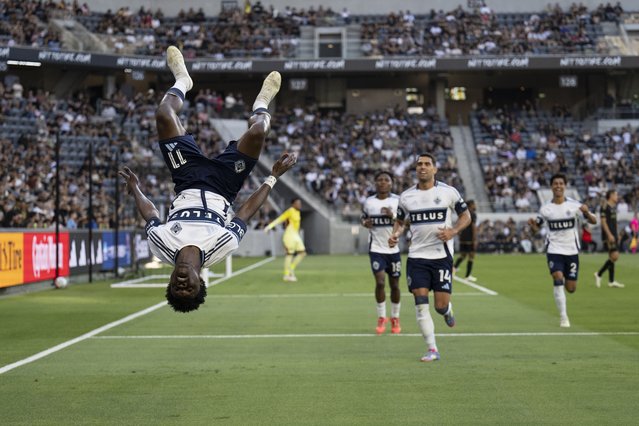 Vancouver Whitecaps forward Emmanuel Sabbi (11) celebrates after his goal during the first half of an MLS soccer match against the Los Angeles FC, in Los Angeles, Sunday, June 29, 2025. (Photo by Kyusung Gong/AP Photo)