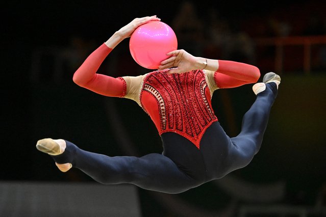 Ukraine's Taisiia Onofriichuk competes during the ball apparatus individual final event of the 40th European Rhythmic Gymnastics Championships at the Arena in Budapest, Hungary on May 26, 2024. (Photo by Attila Kisbenedek/AFP Photo)