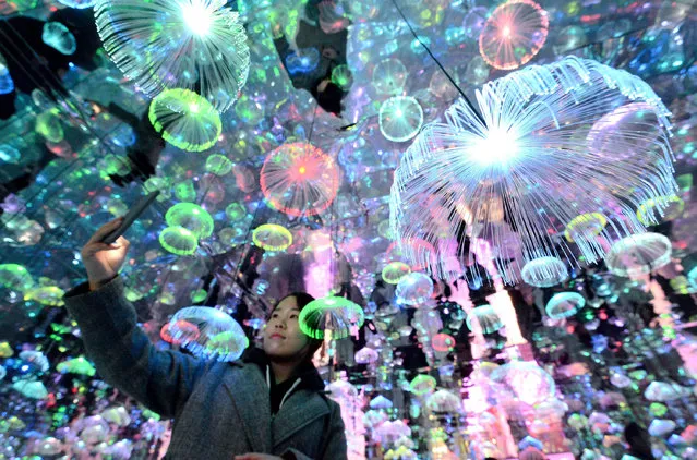 “3D Starry night Experience Pavilion” is displayed at Tianbaozhai Scenic Area, Cixian County, Handan City, Hebei Province on November 13, 2020. Immersive interactive scenes such as mirror maze, diamond tunnel and starry sky jellyfish lamp are set in the experience museum to create a colorful dream world for visitors, giving people an immersive feeling of being there. (Photo by Sipa Asia/Rex Features/Shutterstock)