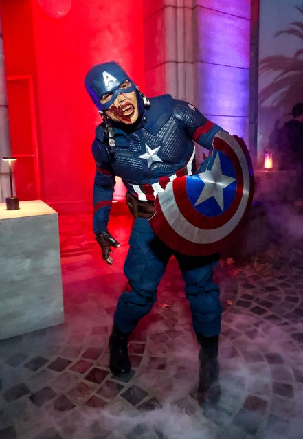 Cosplayer dressed as zombie Captain America attends the Marvel Zombies Fan Event in Partnership with Fangoria at the Masonic Lodge at the Hollywood Forever Cemetery in Hollywood, California on September 22, 2025. (Photo by Rodin Eckenroth/Getty Images for Disney)