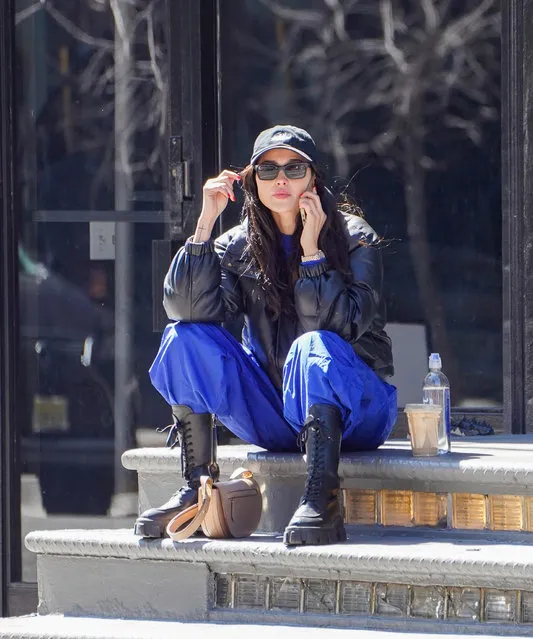Eiza Gonzalez is spotted out and about in New York City on March 30, 2023. The 33 year old actress wore a baseball cap, black puffer jacket, blue parachute pants, and Prada combat boots. (Photo by The Image Direct)