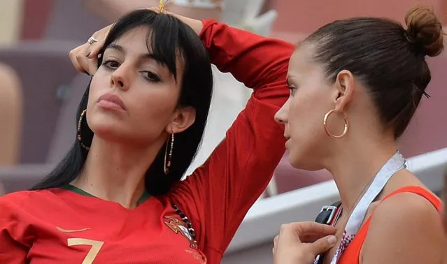 Georgina Rodriguez (L), Cristiano Ronaldo's girlfriend, reacts during the FIFA World Cup 2018 group B preliminary round soccer match between Portugal and Morocco in Moscow, Russia, 20 June 2018. (Photo by Peter Powell/EPA/EFE)