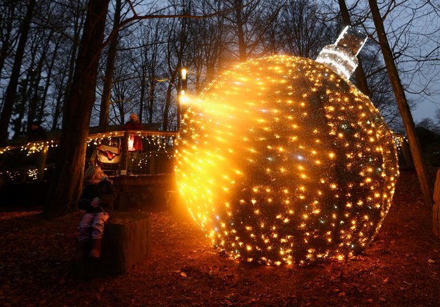 A child looks at a model of a giant illuminated Christmas ball as part of the event “Christmas Time arrives in The Enchanted Kingdom of Animals” at Pairi Daiza animal park in Brugelette, Belgium on December 11, 2024. (Photo by Yves Herman/Reuters)