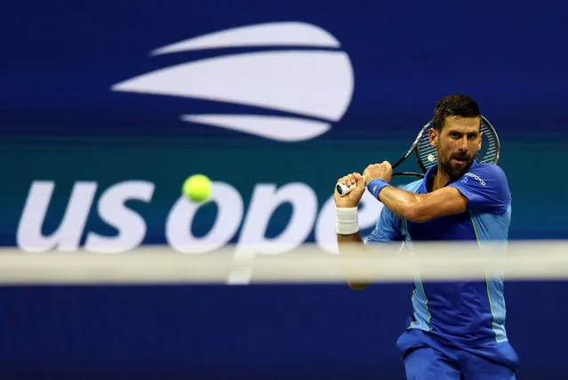 Serbia's Novak Djokovic in action during his first round match against France’s Alexandre Muller at the U.S. Open in New York on August 28, 2023. (Photo by Mike Segar/Reuters)