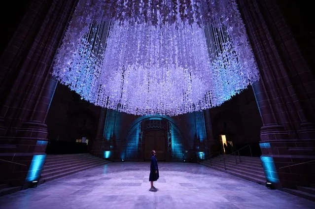 An assistant stands beneath a mass participation art installation entitled “Peace Doves”, which was created by sculptor and artist Peter Walker, in Liverpool Cathedral, Liverpool, north west England on May 20, 2021. The artwork features around 18,000 paper doves suspended on 15.5 miles of ribbon from the roof of the Cathedral and is accompanied by a soundscape from composer David Harper. Prior to Covid-19 lockdown, visitors to the cathedral, along with local school children and community groups were invited to write messages of peace, hope and love onto thousands of paper doves. (Photo by Paul Ellis/AFP Photo)