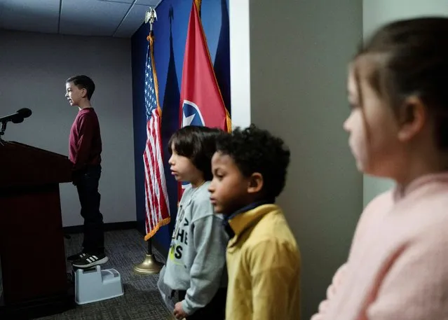 A boy speaks on gun violence and urges lawmakers to use their power to make changes ahead of the start of the 2024 legislative session months after the covenant school shooting and protests rocked the state capitol in Nashville, Tennessee on January 9, 2024. (Photo by Seth Herald/Reuters)