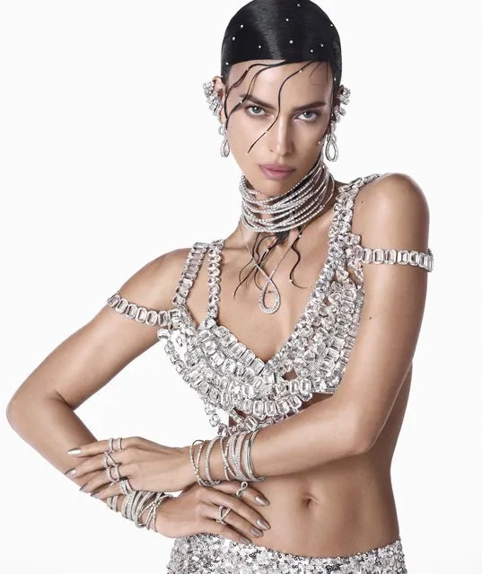 Supermodel Irina Shayk posed in this glittering crystal-adorned bra and skirt. The Russian, 38, was in matching ­jewellery to complete the dazzling look as she fronted the Swarovski spring/summer campaign. (Photo by Steven Meisel/Swarovski)