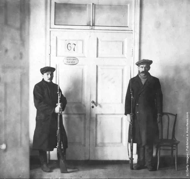 Red Guards guarding the entrance to Lenin and Trotsky's cabinet at Petrograd (St Petersburg) during the Russian Revolution