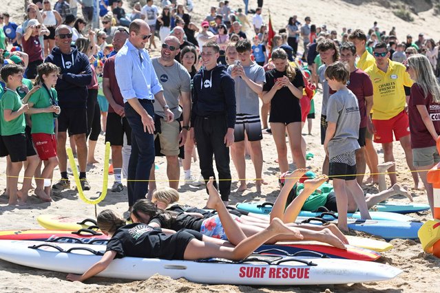 Prince William, Prince of Wales visits Fistral Beach on May 09, 2024 in Newquay, Cornwall. HRH will meet representatives from local organisations who are working to promote safety in the sea and across the beach area, ahead of the forthcoming summer months. (Photo by Splash News and Pictures)