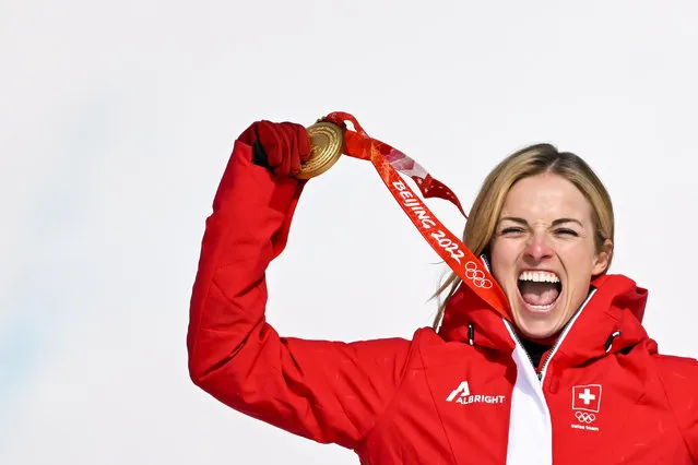 Gold medalist Lara Gut-Behrami of Switzerland celebrates during the victory ceremony of the Women's Super-G race of the Alpine Skiing events of the Beijing 2022 Olympic Games at the Yanqing National Alpine Ski Centre Skiing, Beijing municipality, China, 11 February 2022. (Photo by Jean-Christophe Bott/EPA/EFE)