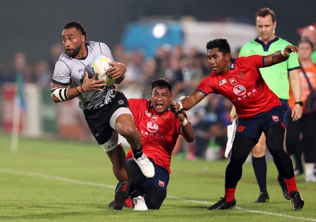 UAE's Sakiusa Naisau is tackled during the Asian Rugby Championship match between the UAE and Malaysia. Sevens Stadium, Dubai on June 11, 2024. (Photo by Chris Whiteoak/The National)