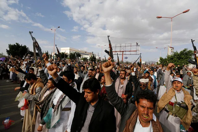 Houthi followers shout slogans during a demonstration against the U.S. intervention in Yemen, in the country's capital Sanaa May 13, 2016. (Photo by Khaled Abdullah/Reuters)
