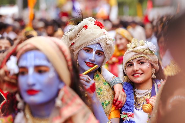 Nepali devotees are decorating as Lord Krishna and Radha and participating in the chariot of Lord Jagannath procession in Kathmandu, Nepal, on July 7, 2024. (Photo by Subaas Shrestha/NurPhoto/Rex Features/Shutterstock)