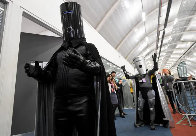 Lord Buckethead of the Monster Raving Loony Party, and Count Binface, an Independent candidate, at the count for the seat of Uxbridge and South Ruislip at Brunel University in London, England on December 12, 2019. (Photo by James Veysey/Rex Features/Shutterstock)